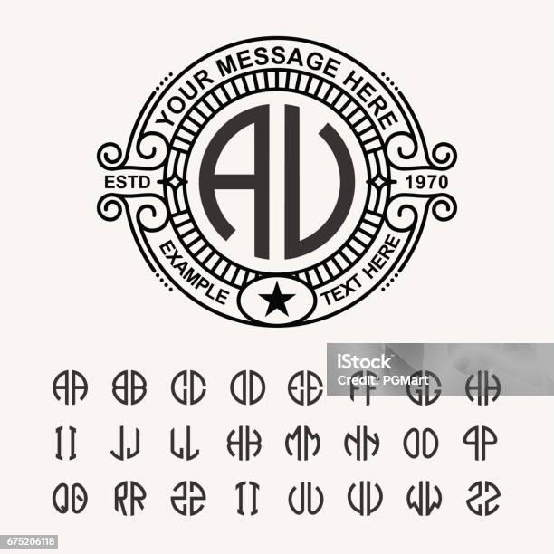 Modern Emblem Badge Template Luxury Elegant Frame Ornament Line Logo Design Vector Illustration And Set To Create Monograms Of Two Letters In Scribed In A Circle Stock Illustration - Download Image Now