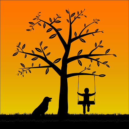Silhouette Tree and The boy on the swing and his dog