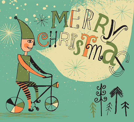Vector illustration of hand drawn elf on the bicycle wishing happy holidays