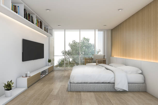 istock 3d rendering minimal wood bedroom with tv and shelf 675217310