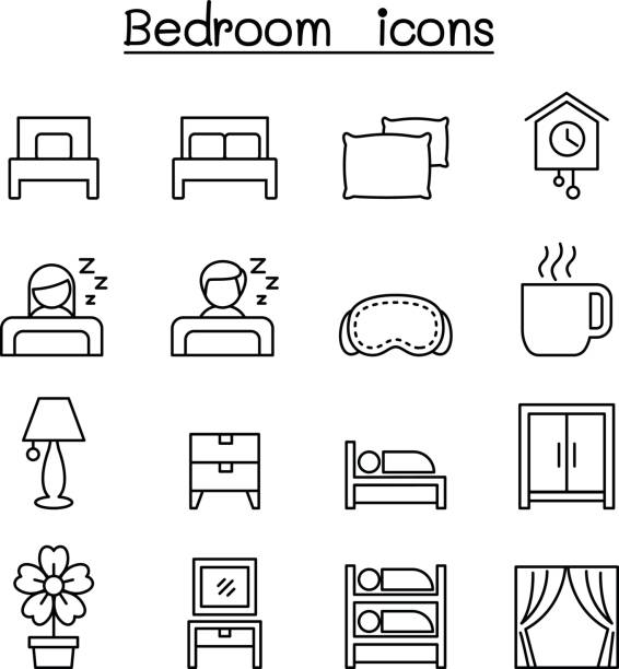 schlafzimmer-symbol legen sie in dünne linienstil - bedroom stage stock-grafiken, -clipart, -cartoons und -symbole