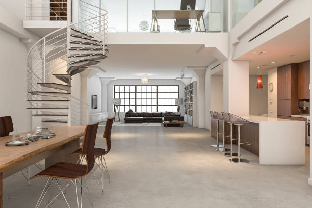 istock 3d rendering loft classic interior of kitchen dining and living 675219632