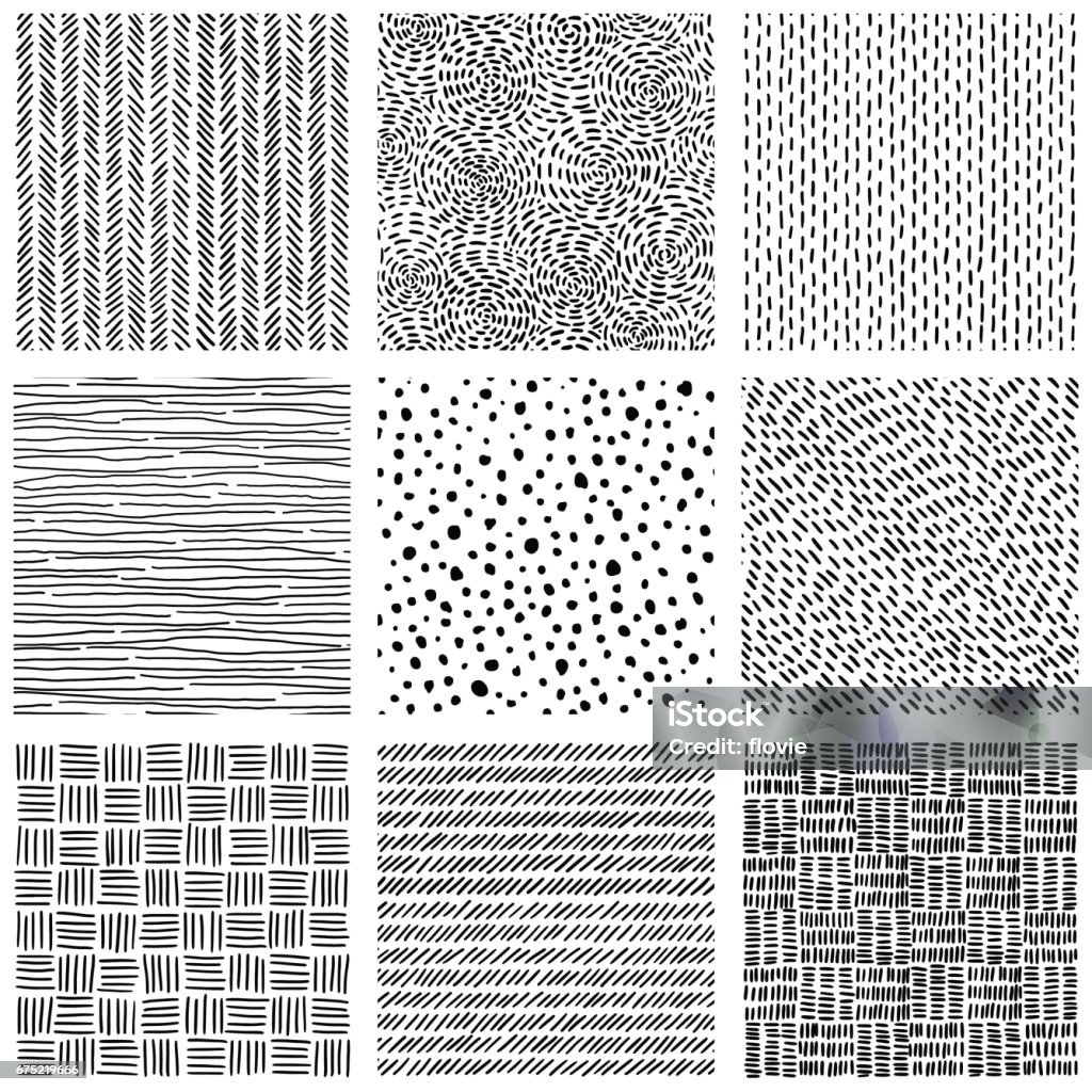 Collection of seamless patterns. collection of seamless patterns, set of black and white prints for textiles, handmade, hand drawn, geometric ornament, doodle style, vector illustration Drawing - Activity stock vector