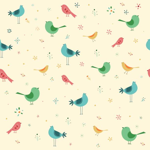 ilustraciones, imágenes clip art, dibujos animados e iconos de stock de patron para aves sin costuras dibujadas a mano - cute bird