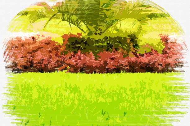 istock Blooming meadow with flowers in the middle and a palm tree in the background. 675233122