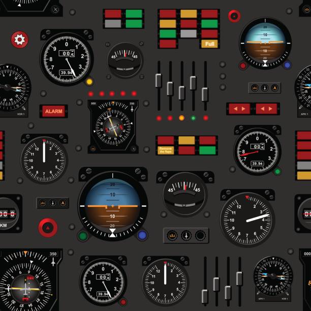 ilustraciones, imágenes clip art, dibujos animados e iconos de stock de panel de instrumentos del avión. tablero de instrumentos del avión. creación de patrones sin fisuras, fondos realistas. - cockpit airplane aerospace industry control