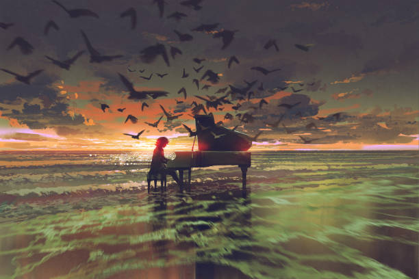 해변에서 피아노를 연주하는 남자 - pianist stock illustrations