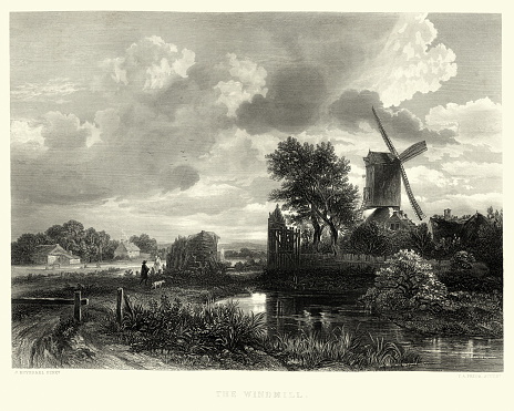 Vintage engraving of The Windmill, after Jacob van Ruisdael, 17th Century