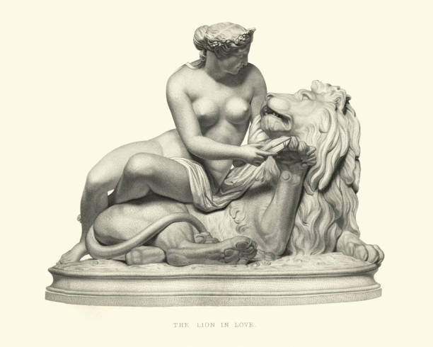 Vintage engraving of after the statue by Guillaume Geefs, Le Lion Amoureux (The lion in love). Art Journal, 1855