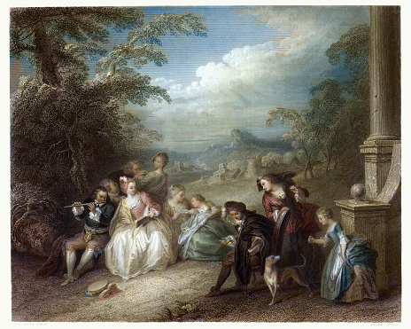 Vintage engraving of Fete Champetre with a Flute Player after the picture by Jean-Baptiste Joseph Pater