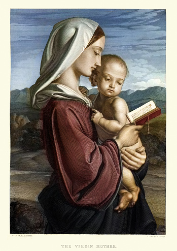 Vintage engraving of The Virgin Mother by William Dyce. Art Journal, 1855