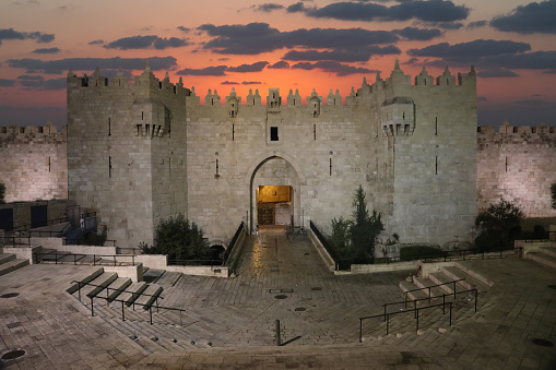 Jerusalem old city Damascus Gate aerial view sunset