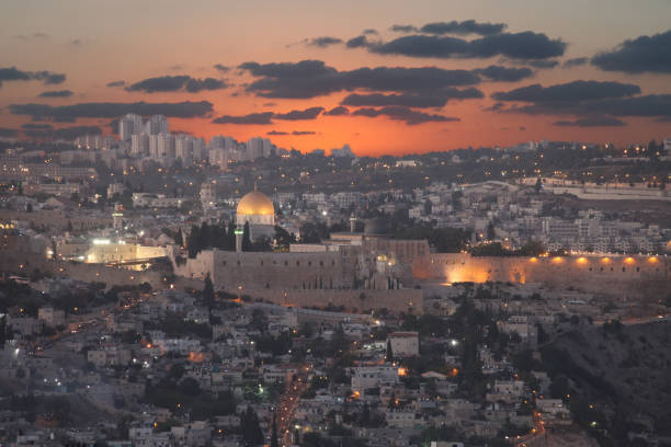 Jerusalem old city sunset panoramic aerial view