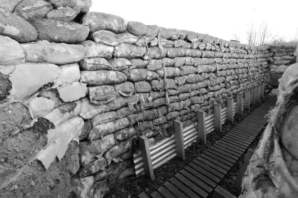 Yorkshire Trench and Dug Out World War I Trenches in Ypres Belgium. Black and white