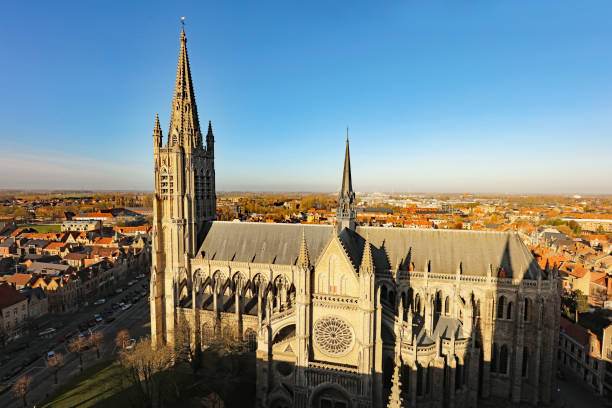 High angle view over the Cathedral of Ypres (Ieper) in Belgium