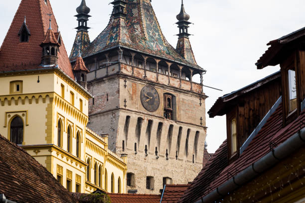 old houses and clock tower in sighisoara old town, transylvania, romania - vlad vi imagens e fotografias de stock