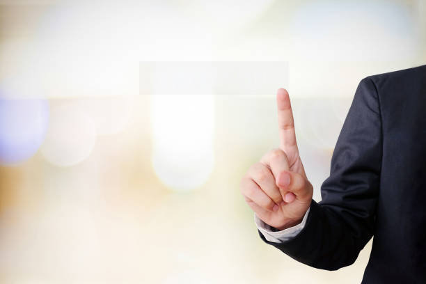 hand point gesture on blur office background with copy space, business concept - number 1 businessman one finger one person imagens e fotografias de stock