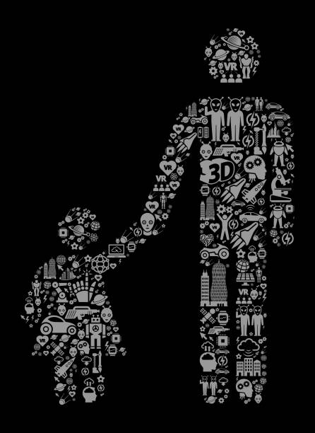 father & daughter future i futurystyczna technologia black icon background - father alien child characters stock illustrations