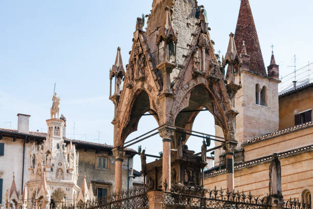 travel to Italy - medieval tombs of mastino ii and cansignorio in arche scaligere (scaliger family tombs) near Chiesa rettoriale Santa Maria Antica in Verona city