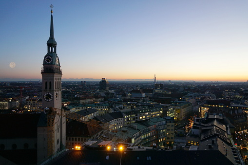 Munich, Germany Bavaria. Panoramic view to the Church of St. Peter at twilight.