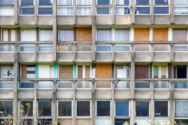 Dilapidated council flat housing block