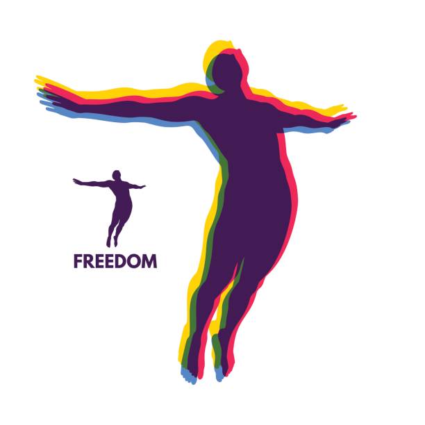 ilustraciones, imágenes clip art, dibujos animados e iconos de stock de silueta de un hombre saltando. concepto de libertad. ilustración de vector. - silhouette people dancing the human body