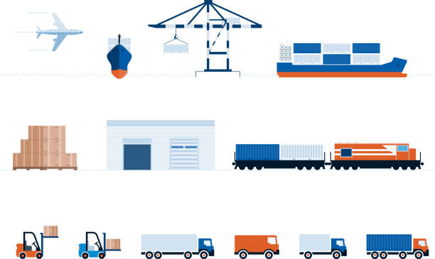 ilustraciones, imágenes clip art, dibujos animados e iconos de stock de entrega y transporte global - cargo container container ship freight transportation transportation