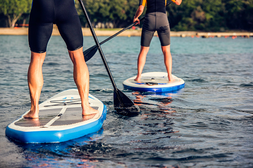 Rear view of two paddle boarder's legs