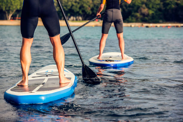 Rear view of two paddle boarder's legs Couple paddle boarding towards the coast during the day. paddleboard photos stock pictures, royalty-free photos & images