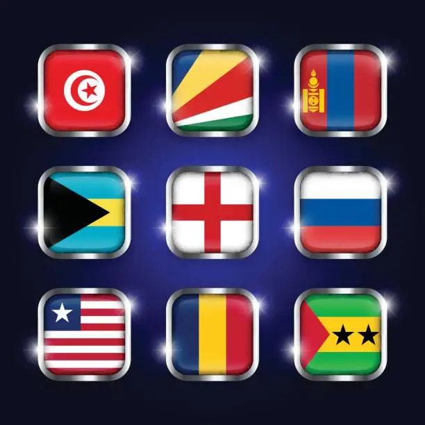 Vector illustration of Set of world flags quadrangular glass buttons with steel border and twinkle ( Tunisia . Seychelles . Mongolia . Bahamas . England . Russia . Liberia . Chad . Sao Tome and Principe )