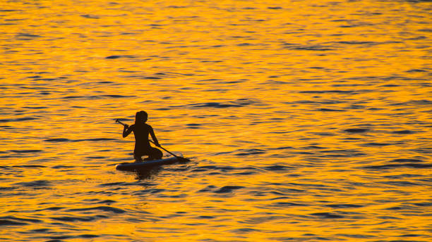 istock Silhouette of a woman kneeling on a paddle board 675298236