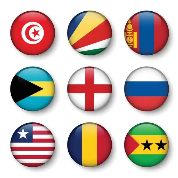 Vector illustration of Set of world flags round badges ( Tunisia . Seychelles . Mongolia . Bahamas . England . Russia . Liberia . Chad . Sao Tome and Principe )