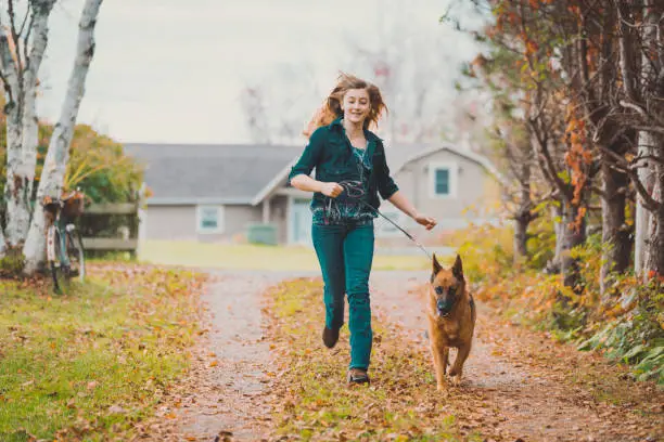 Teenage girl running together with her german shepherd dog along forest footpath in autumn. Mahone Bay, Nova Scotia, Canada.
