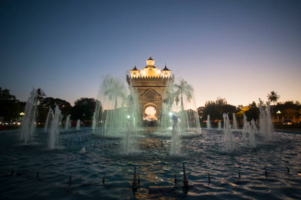 the patuxai arch in the city of vientiane in Laos in the southeastasia.