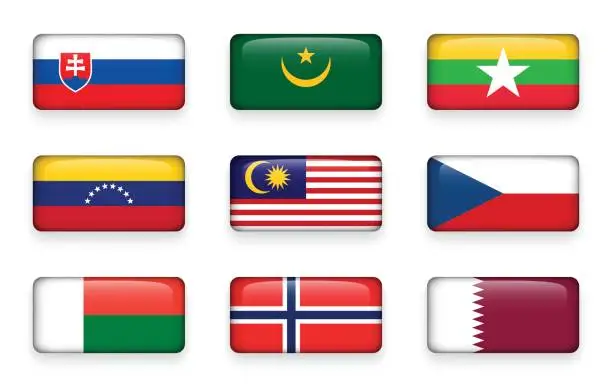 Vector illustration of Set of world flags rectangle buttons ( Slovakia . Mauritania . Myanmar . Venezuela . Malaysia . Czech . Madagascar . Norway . Qatar )