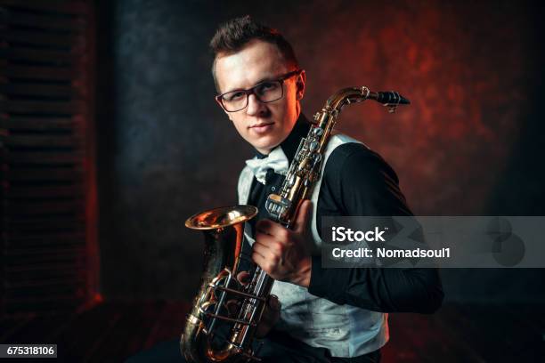 Male Saxophonist With Saxophone Jazz Man With Sax Stock Photo - Download Image Now - Adult, Adults Only, Art