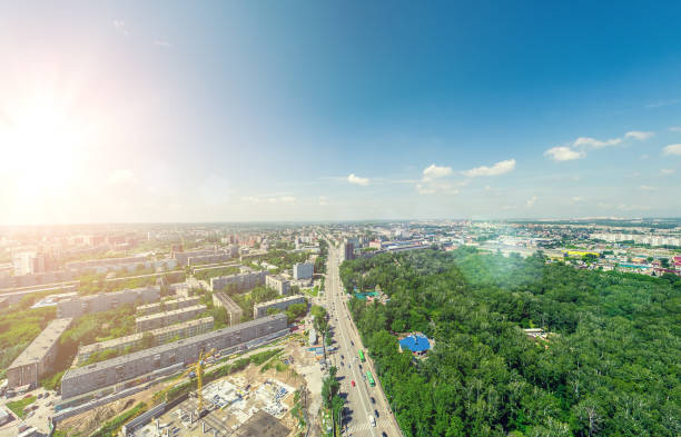 Vue aérienne de la ville. Paysage urbain. Copter a tiré. Image panoramique - Photo