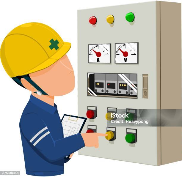 Worker Is Operating Control Panel Stock Illustration - Download Image Now - Electricity, Safety, Building Contractor