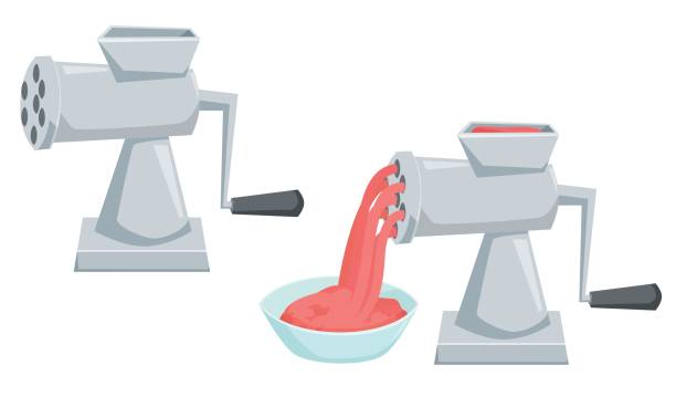 ilustrações de stock, clip art, desenhos animados e ícones de grinder with minced meat - meat grinder ground beef meat