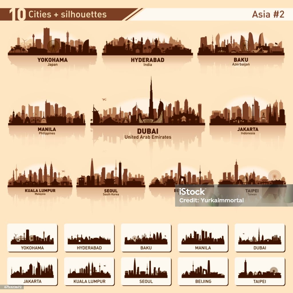 City skyline set 10 vector silhouettes of Asia #2 City skyline set. Asia. Vector silhouette background illustration. Urban Skyline stock vector