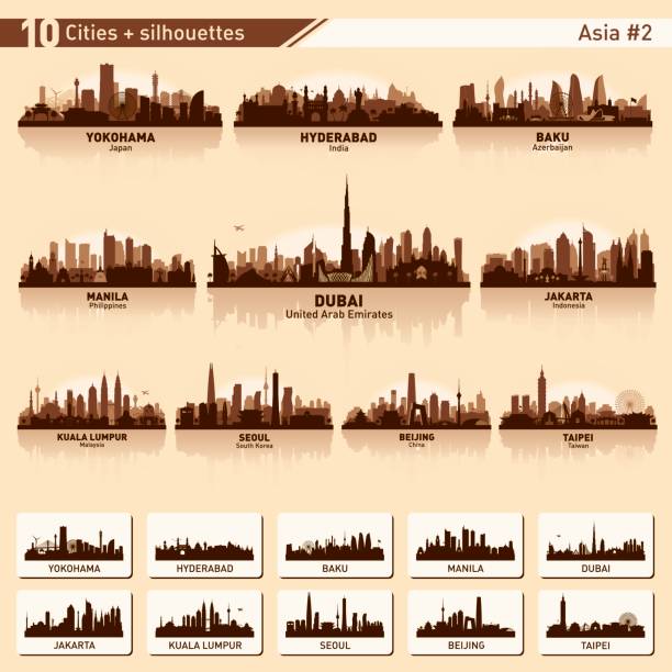 City skyline set 10 vector silhouettes of Asia #2 City skyline set. Asia. Vector silhouette background illustration. caucasus stock illustrations