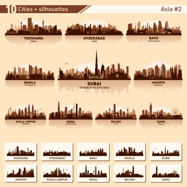 City skyline set 10 vector silhouettes of Asia #2 City skyline set. Asia. Vector silhouette background illustration. national capital region philippines stock illustrations