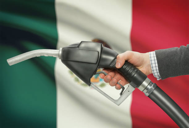Fuel pump nozzle in hand with national flag on background - Mexico stock photo