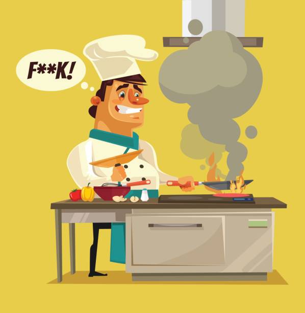 illustrations, cliparts, dessins animés et icônes de angry triste mauvais caractère de chef brûlent la nourriture - cooking fail