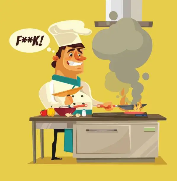 Vector illustration of Angry sad bad chef character burn food