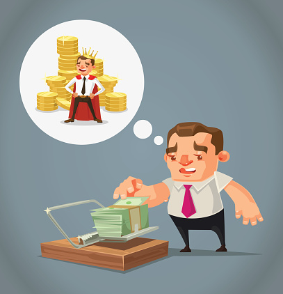 Ruined unemployed businessman character trying take money from trap. Vector flat cartoon illustration