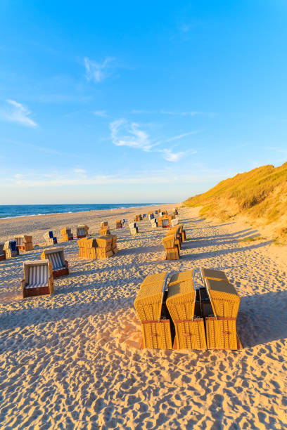 istock Beach chairs at sunset time, Sylt island, Germany 675331834