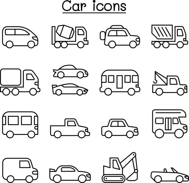 ilustrações, clipart, desenhos animados e ícones de conjunto de ícones de carros no estilo de linha fina - semi truck vehicle trailer truck empty