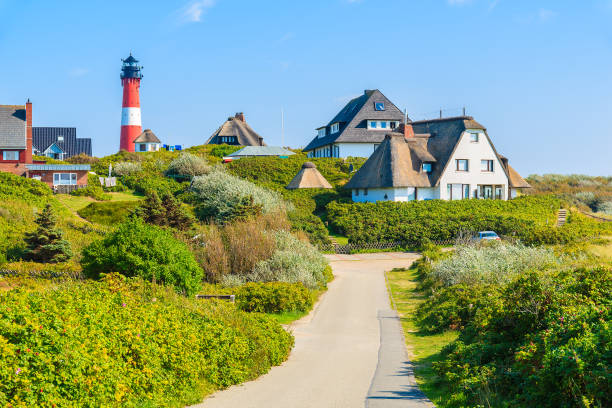 camino a faro en hornum village en la isla de la costa sur de sylt, alemania - lighthouse beacon north sea coastal feature fotografías e imágenes de stock