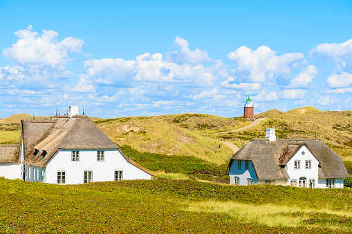 Typical Frisian houses with straw roofs on sand dunes in Kampen village, Sylt island, Germany